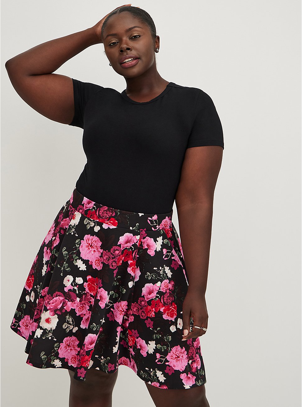 Plus Size Scuba Skater Skirt - Floral Black, FLORAL - BLACK, hi-res