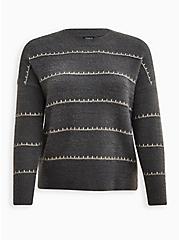Plus Size Drop Shoulder Pullover Sweater - Eyelash Lurex Yarn Grey, MULTI STRIPE, hi-res