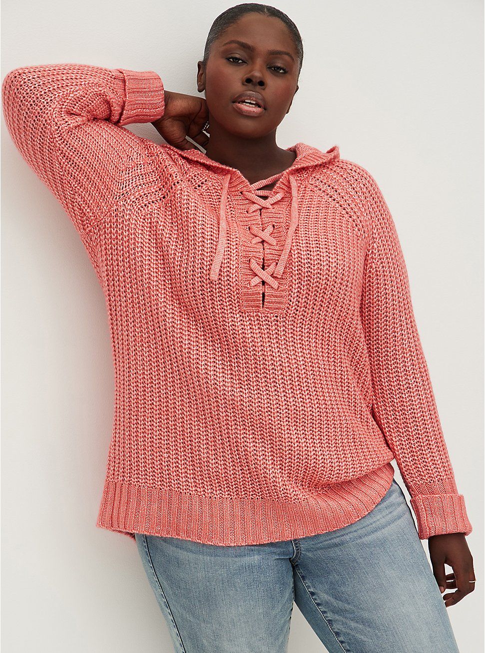 Plus Size Raglan Sweater Hoodie - Chunky Yarn Rose, ROSE, hi-res