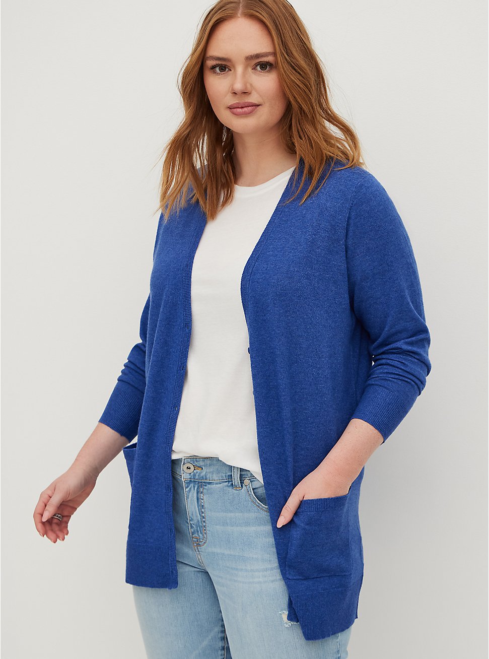Plus Size Button Front Cardigan Sweater - Ultra Soft Navy, BLUE, hi-res