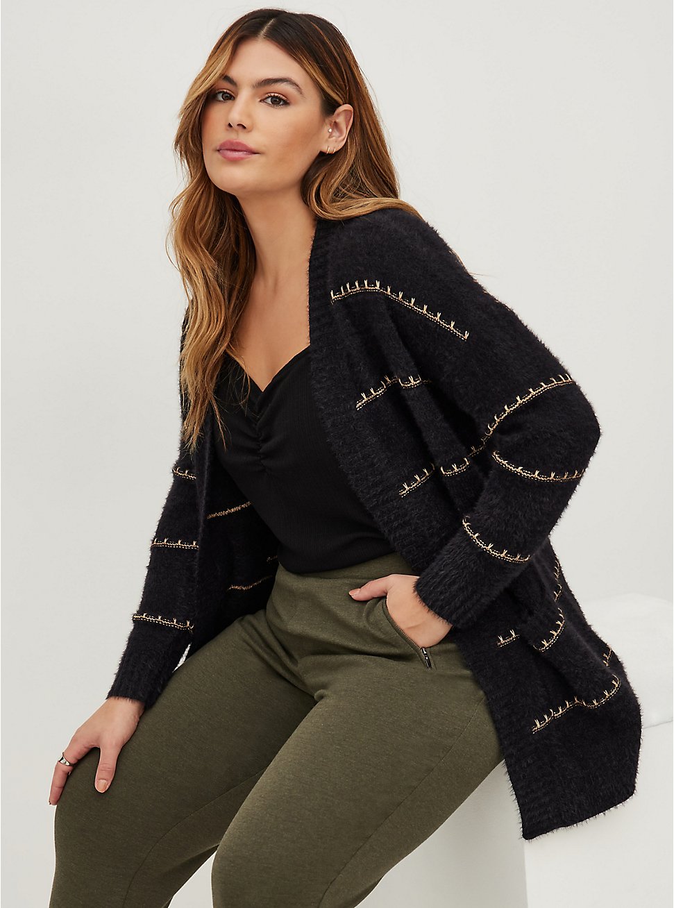 Open Front Cardigan Sweater - Acrylic Lurex Stripe Black, MULTI STRIPE, hi-res