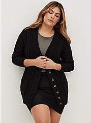 Button Front Cardigan Sweater - Cable Knit Heart Black, DEEP BLACK, hi-res