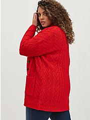 Plus Size Button Front Cardigan Sweater - Cable Knit Heart Red, RED, alternate