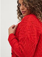 Plus Size Button Front Cardigan Sweater - Cable Knit Heart Red, RED, alternate