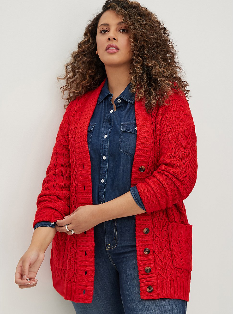 Plus Size Button Front Cardigan Sweater - Cable Knit Heart Red, RED, hi-res