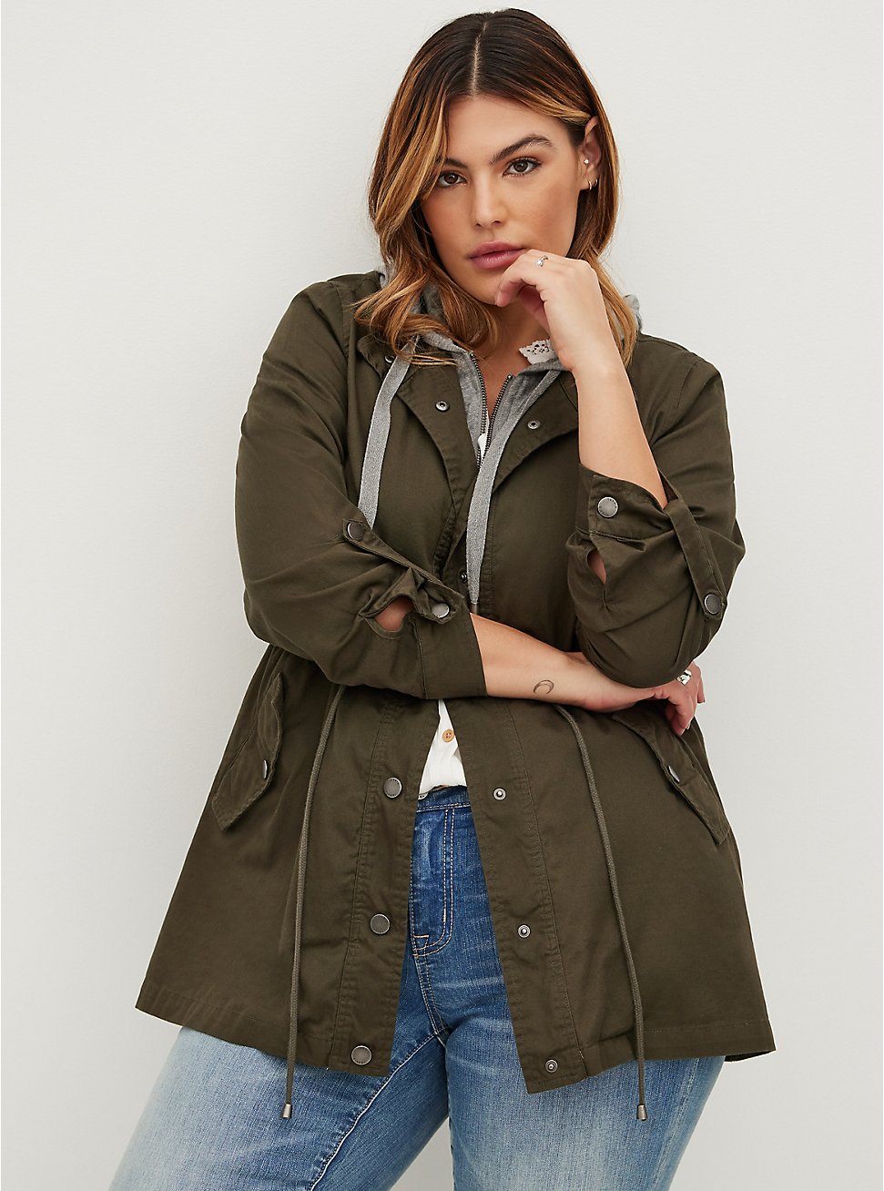 Plus Size Essential Anorak - Twill Jersey Olive & Grey, GREEN, hi-res