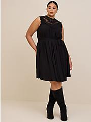 Mini Crinkle Gauze Crochet Dress, DEEP BLACK, hi-res