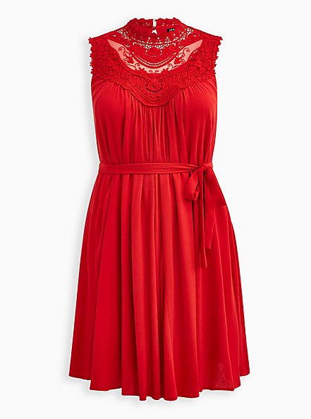Plus Size Tank Dress - Crinkle Gauze Crochet Red, RED, hi-res