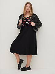 Fit & Flare Midi Dress - Challis & Jersey Lips Black , LIPS - BLACK, alternate