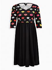 Plus Size Fit & Flare Midi Dress - Challis & Jersey Lips Black , LIPS - BLACK, hi-res