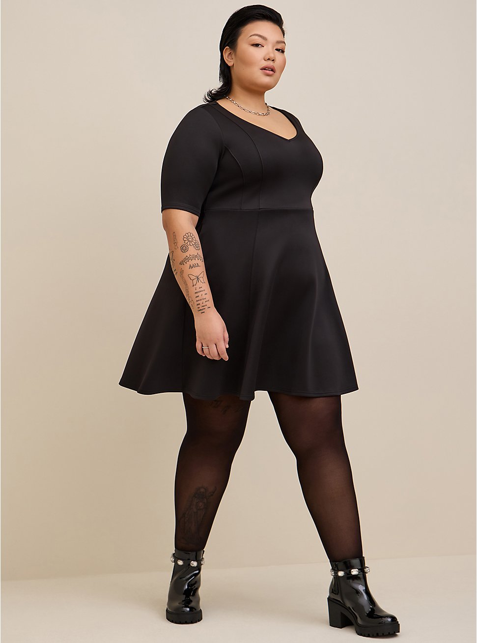 Plus Size Fluted Fit & Flare Mini Dress - Scuba Black, DEEP BLACK, hi-res
