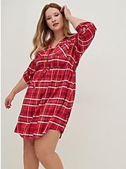 Plus Size Zip Front Shirt Dress - Stretch Challis Plaid Pink, PLAID - RED, alternate