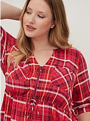 Zip Front Shirt Dress - Stretch Challis Plaid Pink, PLAID - RED, alternate