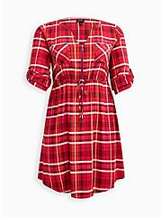 Plus Size Zip Front Shirt Dress - Stretch Challis Plaid Pink, PLAID - RED, hi-res