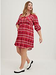 Zip Front Shirt Dress - Stretch Challis Plaid Pink, PLAID - RED, hi-res