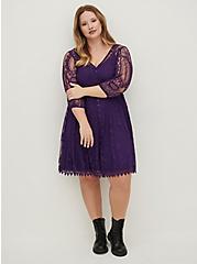 Button Front Skater Dress - Lace Purple, PURPLE, alternate