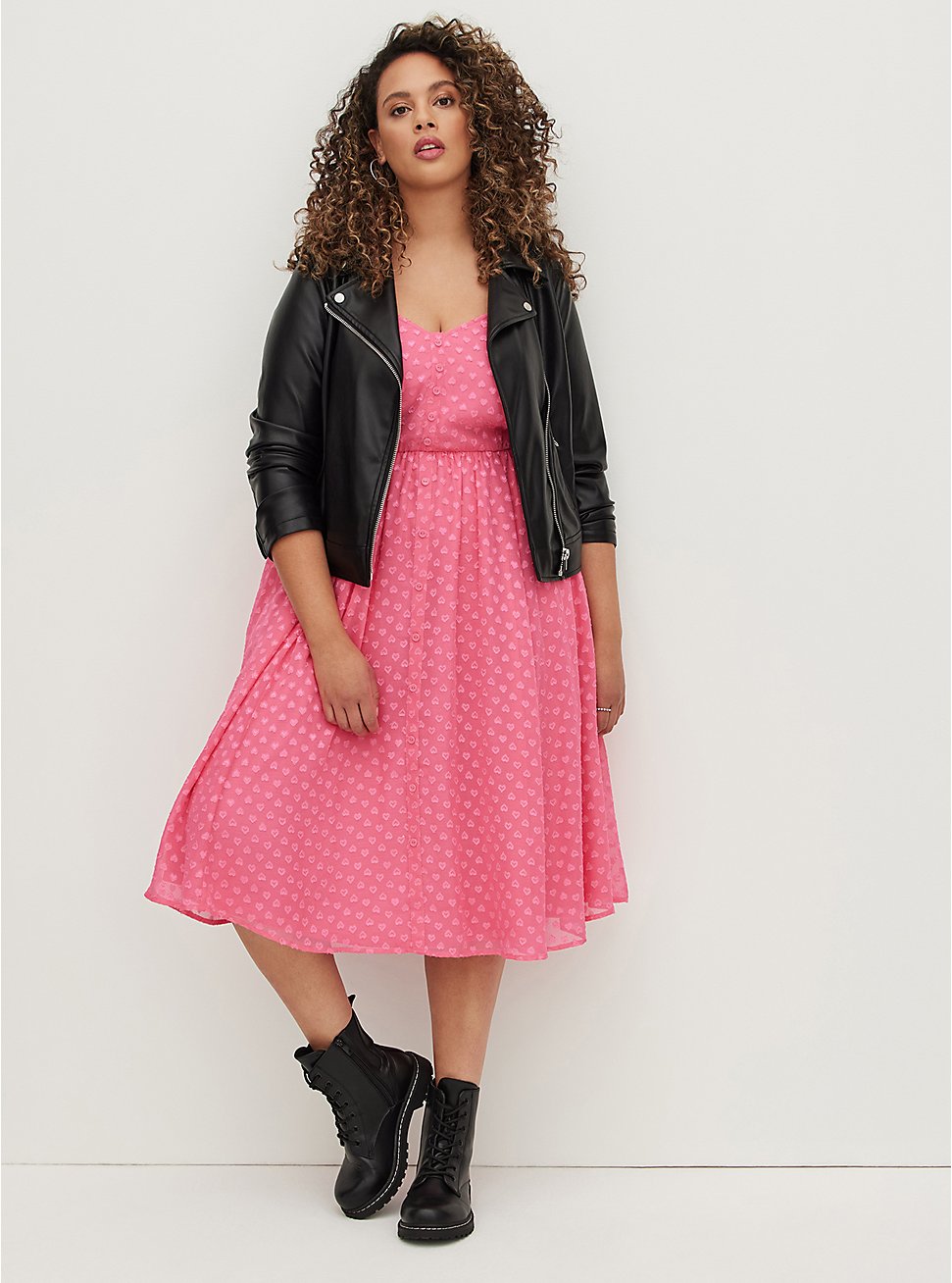 Plus Size Button Front Midi Dress - Clip Heart Chiffon Pink, PINK, hi-res