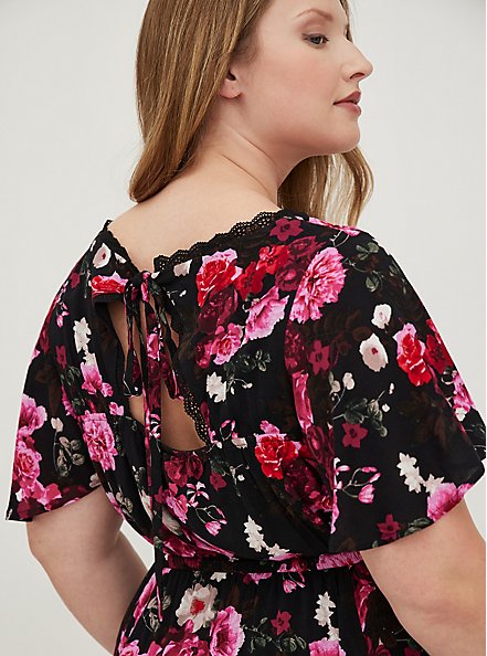 Flutter Sleeve Midi Dress - Gauze Floral Black, FLORAL - BLACK, alternate