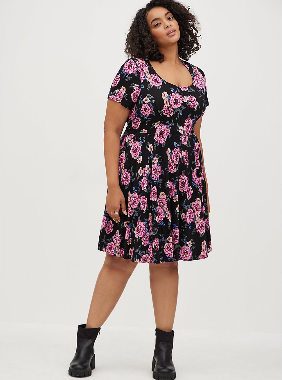Plus Size Scoop Neck Mini Dress - Ponte Floral Black, FLORAL - BLACK, hi-res