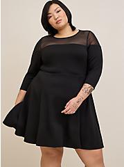Plus Size Skater Mini Dress - Cupro & Mesh Black, DEEP BLACK, hi-res