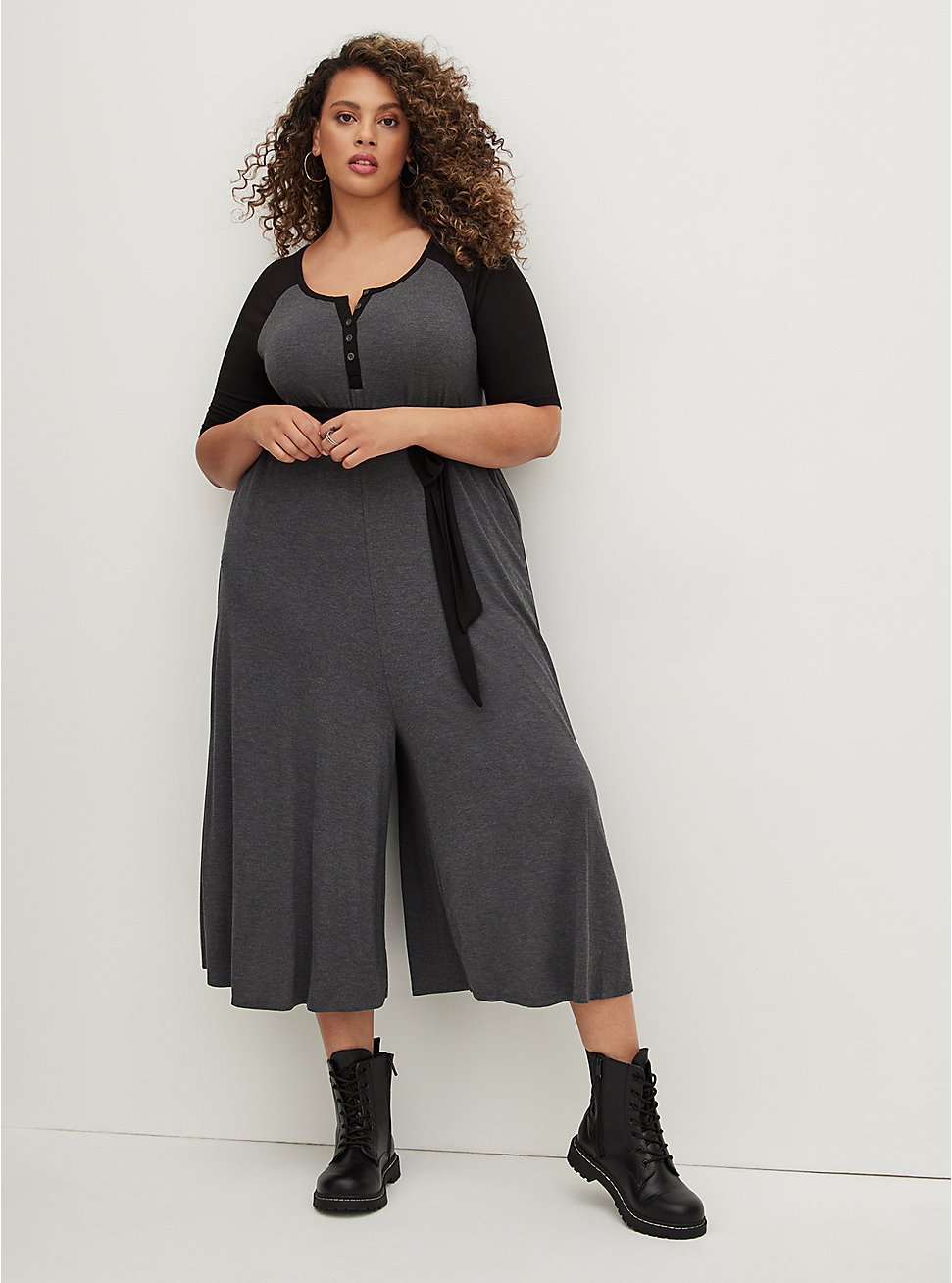 Raglan Culotte Jumpsuit - Super Soft Black & Grey, CHARCOAL  BLACK, hi-res