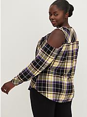Harper Crinkle Flannel Gauze Cold Shoulder Long Sleeve Blouse, PLAID BLACK, alternate