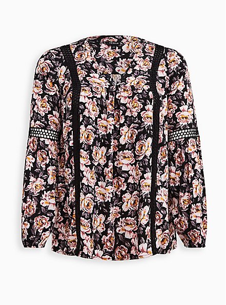 Plus Size Relaxed Fit Tunic Blouse - Rayon Twill Floral Black, FLORAL - BLACK, hi-res