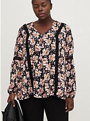 Relaxed Fit Tunic Blouse - Rayon Twill Floral Black, FLORAL - BLACK, hi-res