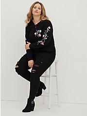 Plus Size Lace-Up Sweatshirt - Cozy Fleece Floral Skeleton Black, DEEP BLACK, alternate