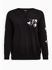 Lace-Up Sweatshirt - Cozy Fleece Floral Skeleton Black, DEEP BLACK, hi-res