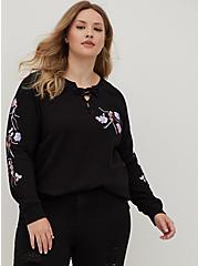 Plus Size Lace-Up Sweatshirt - Cozy Fleece Floral Skeleton Black, DEEP BLACK, hi-res