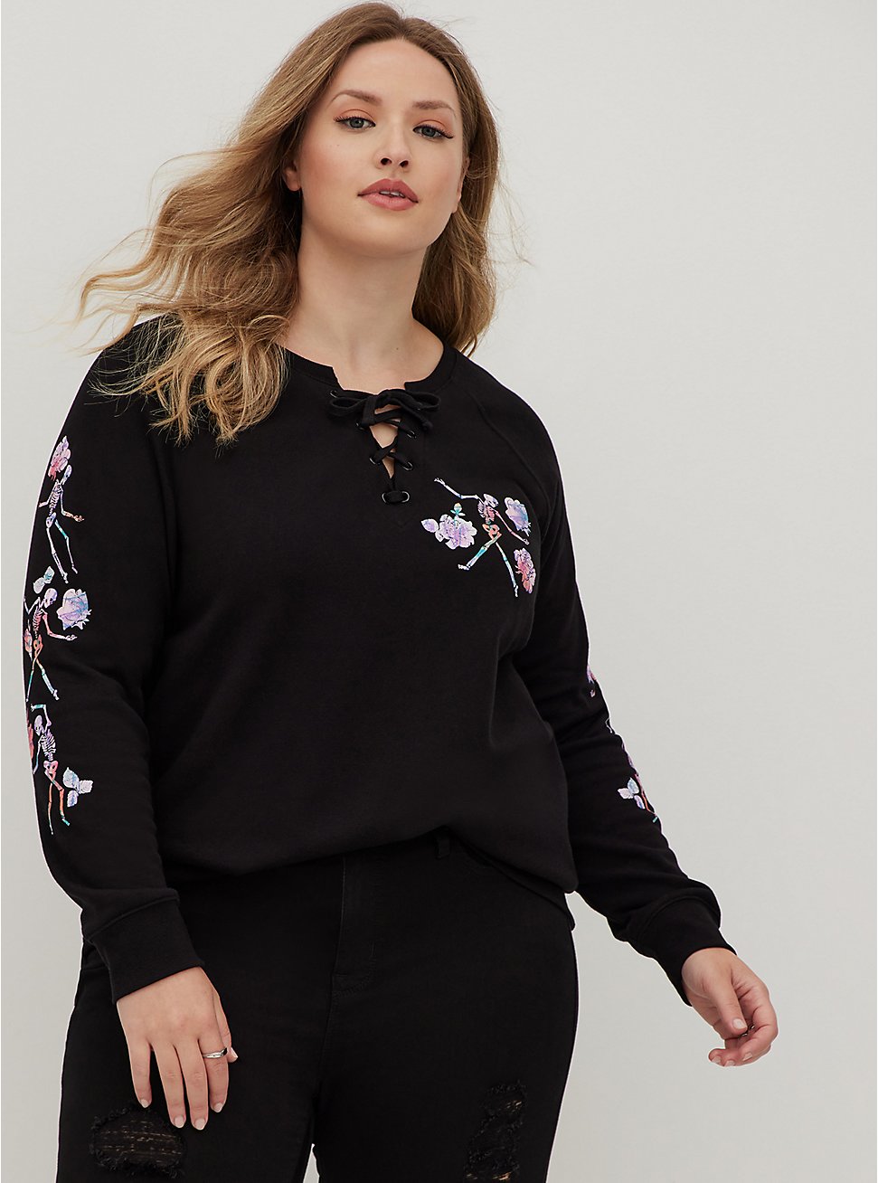 Plus Size Lace-Up Sweatshirt - Cozy Fleece Floral Skeleton Black, DEEP BLACK, hi-res