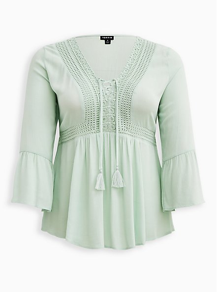 Lace-Up Babydoll Top - Crinkle Gauze Mint Green, LIGHT GREEN, hi-res