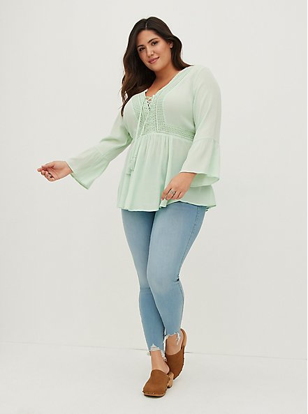 Lace-Up Babydoll Top - Crinkle Gauze Mint Green, LIGHT GREEN, hi-res
