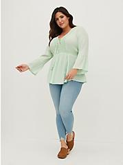 Plus Size Lace-Up Babydoll Top - Crinkle Gauze Mint Green, LIGHT GREEN, hi-res