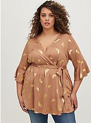 Plus Size Surplice Blouse - Stretch Challis Feathers Brown, FEATHERS - BROWN, alternate