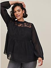 Plus Size Lace With Chiffon Overlay Blouse, DEEP BLACK, hi-res