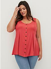 Fit And Flare Stretch Challis Button-Front Tank, CRANBERRY, hi-res