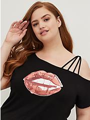 Graphic Classic Fit Super Soft Off Shoulder Strappy Tee, LIPS BLACK, alternate