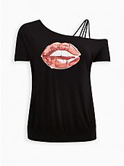 Graphic Classic Fit Super Soft Off Shoulder Strappy Tee, LIPS BLACK, hi-res