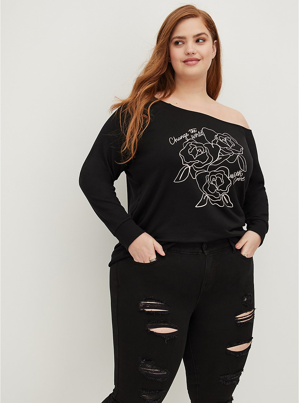 Plus Size Off-Shoulder Sweatshirt - Lightweight French Terry Floral Black, DEEP BLACK, hi-res
