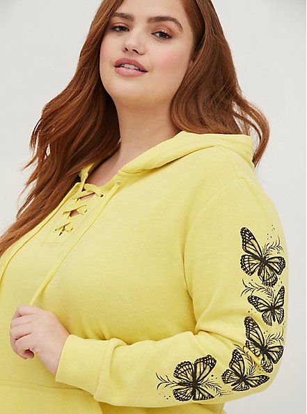 Lace-Up Hoodie - Cozy Fleece Butterfly Yellow, YELLOW, alternate