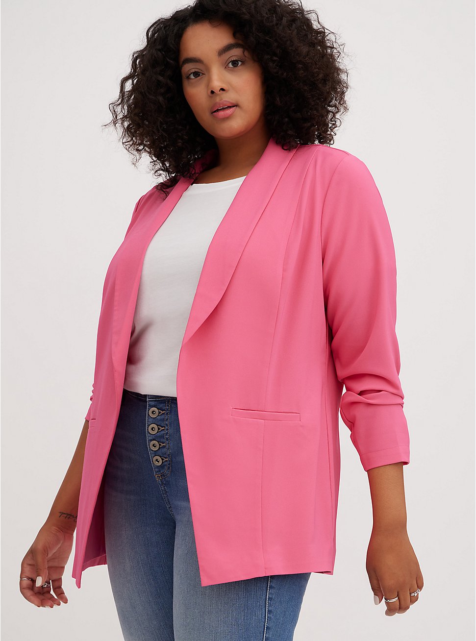 Plus Size Longline Blazer - Crepe Pink , PINK, hi-res