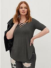 Plus Size Favorite Tunic Super Soft V-Neck Strappy Tunic Tee, CHARCOAL HEATHER GREY, hi-res