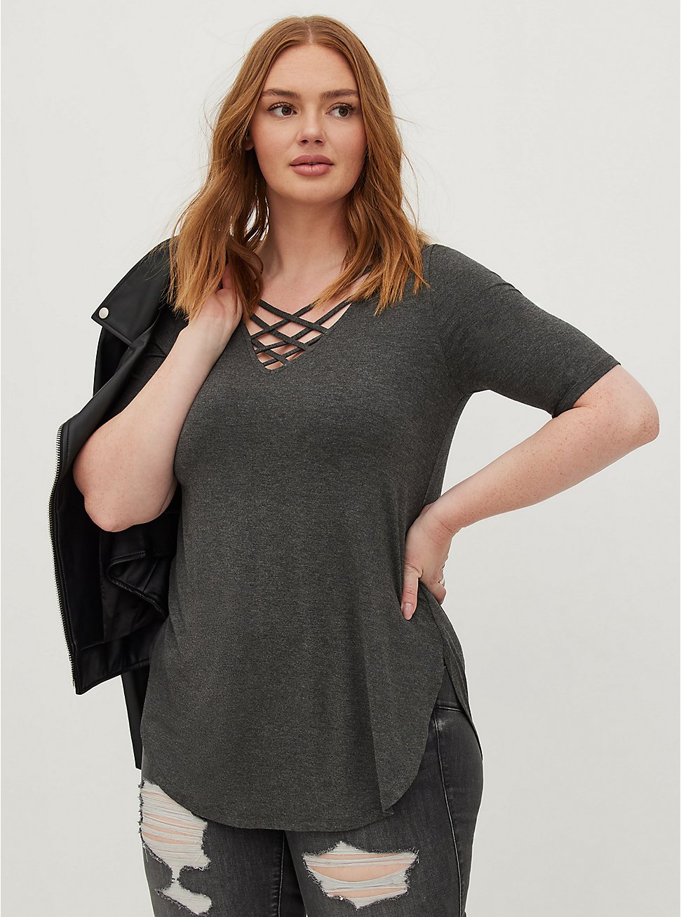 Favorite Tunic Super Soft V-Neck Strappy Tunic Tee, CHARCOAL HEATHER GREY, hi-res