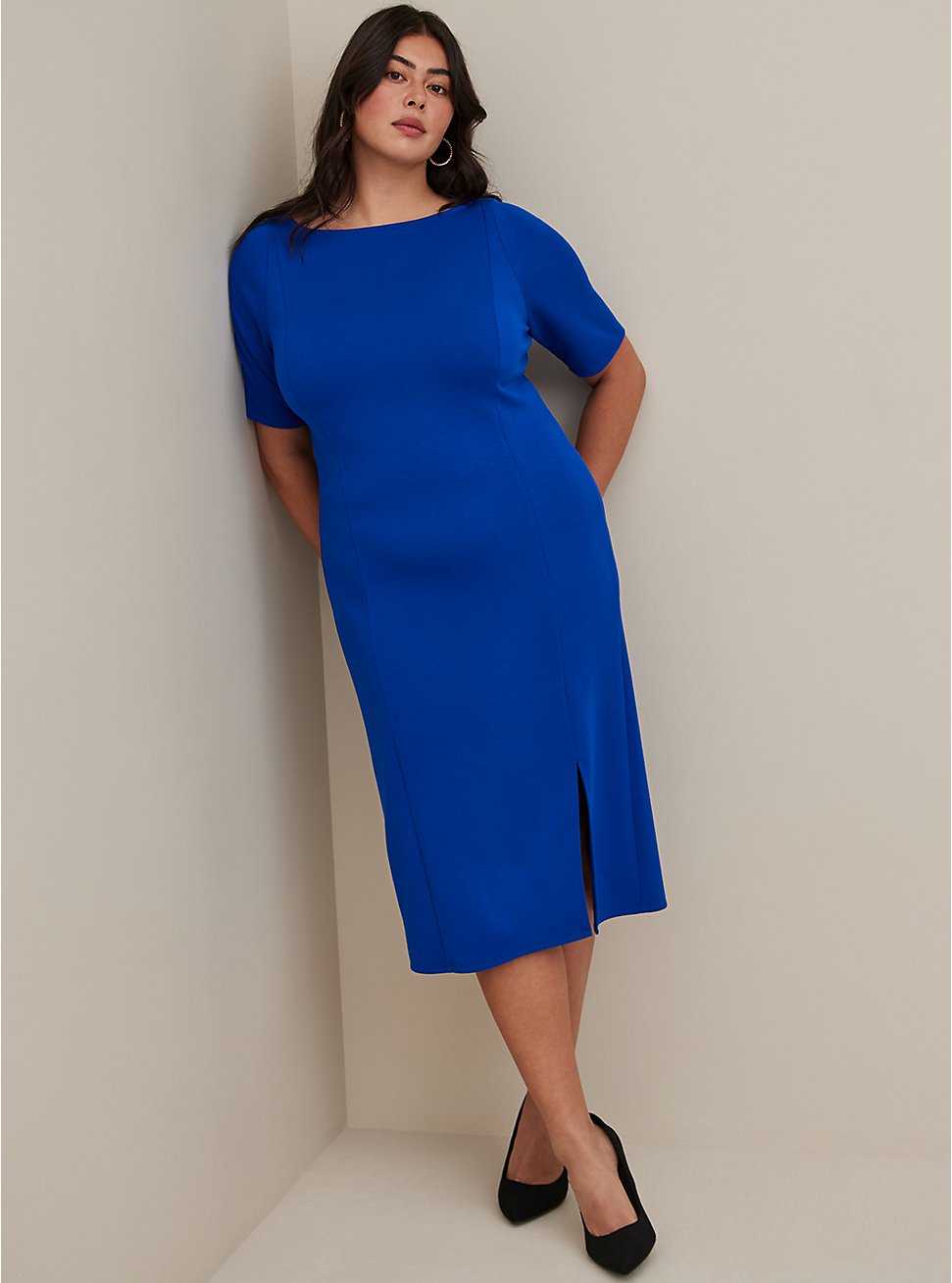 Plus Size Midi Studio Cupro Bodycon Dress, ELECTRIC BLUE, hi-res