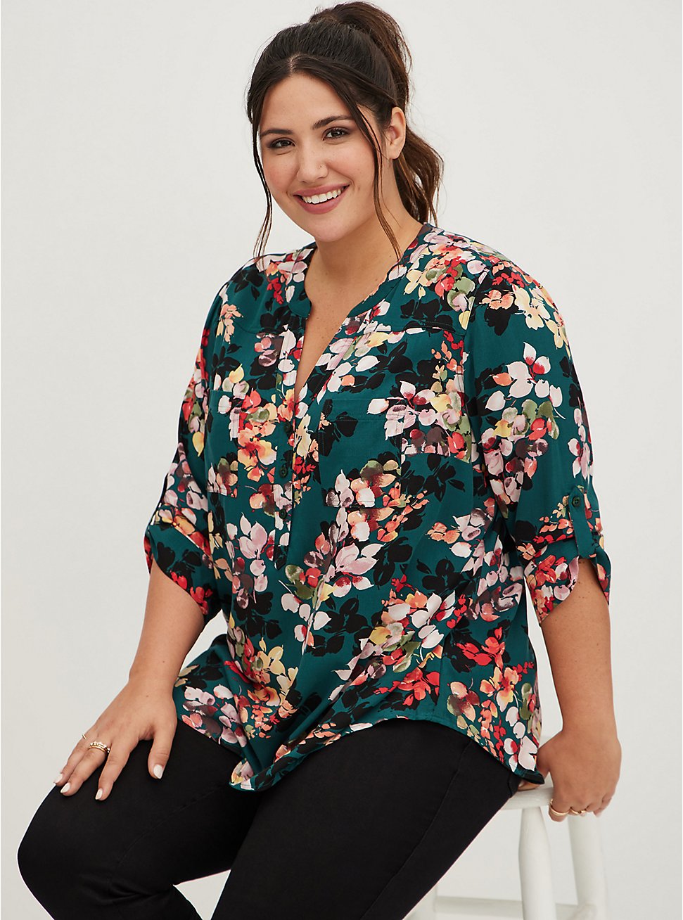 Plus Size Harper Pullover - Twill Floral Green, FLORAL - GREEN, hi-res