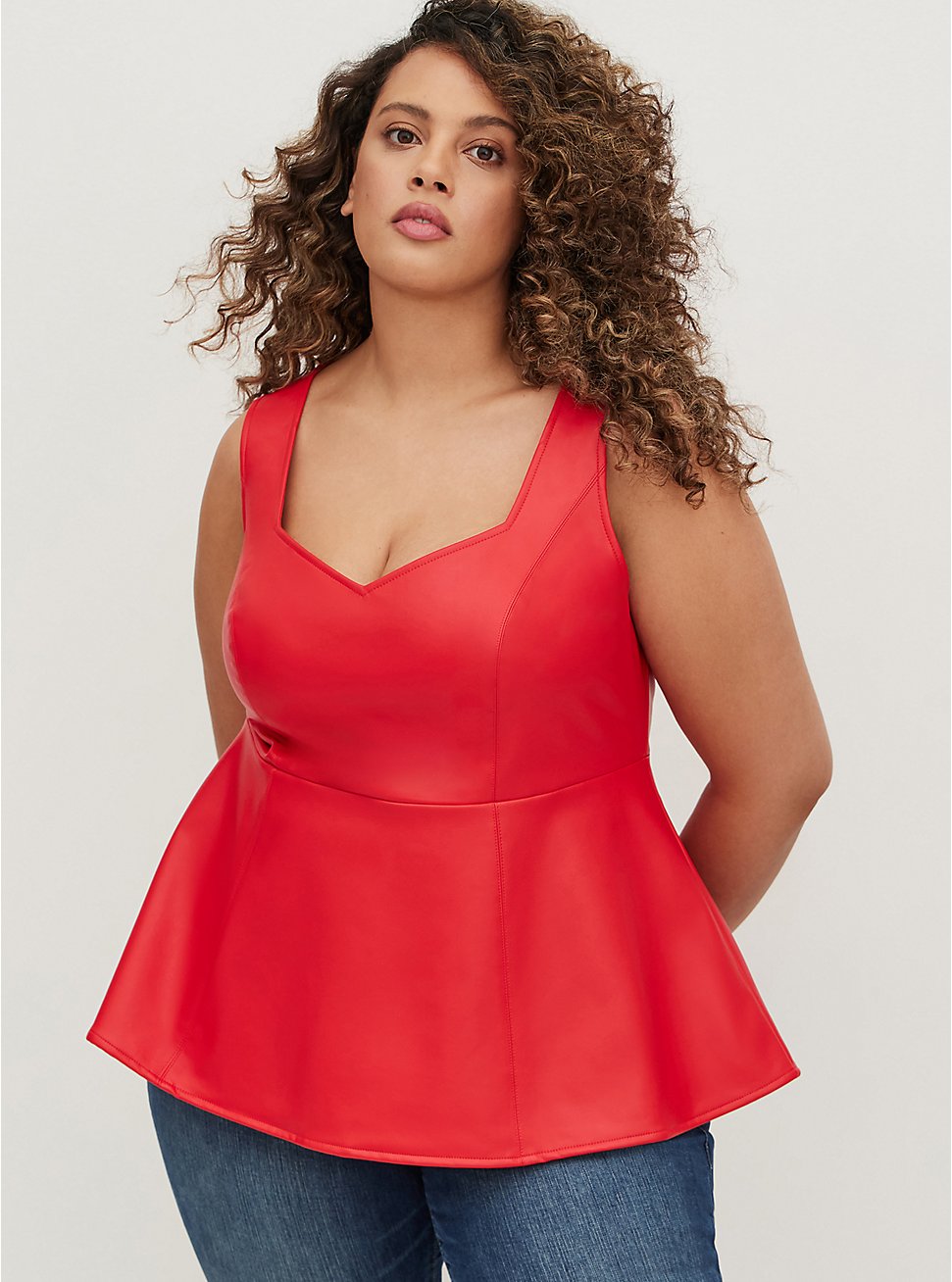 Plus Size Peplum Tank - Faux Leather Red, , hi-res