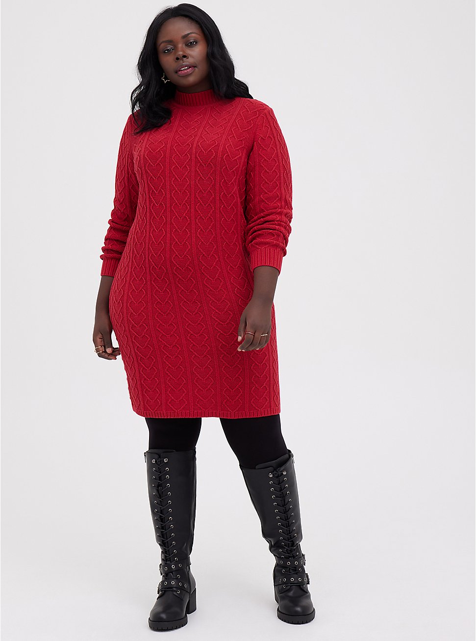 Plus Size Mock Neck Mini Dress - Cable Knit Heart Red, JESTER RED, hi-res
