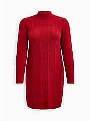 Plus Size Mock Neck Mini Dress - Cable Knit Heart Red, JESTER RED, hi-res